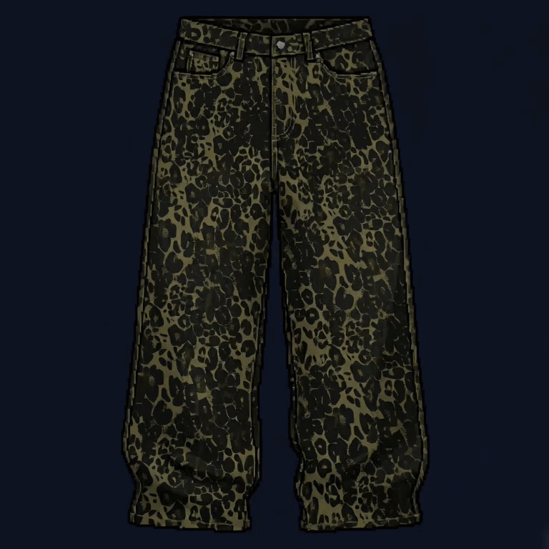 Leopard print baggy pants in a nighttime setting